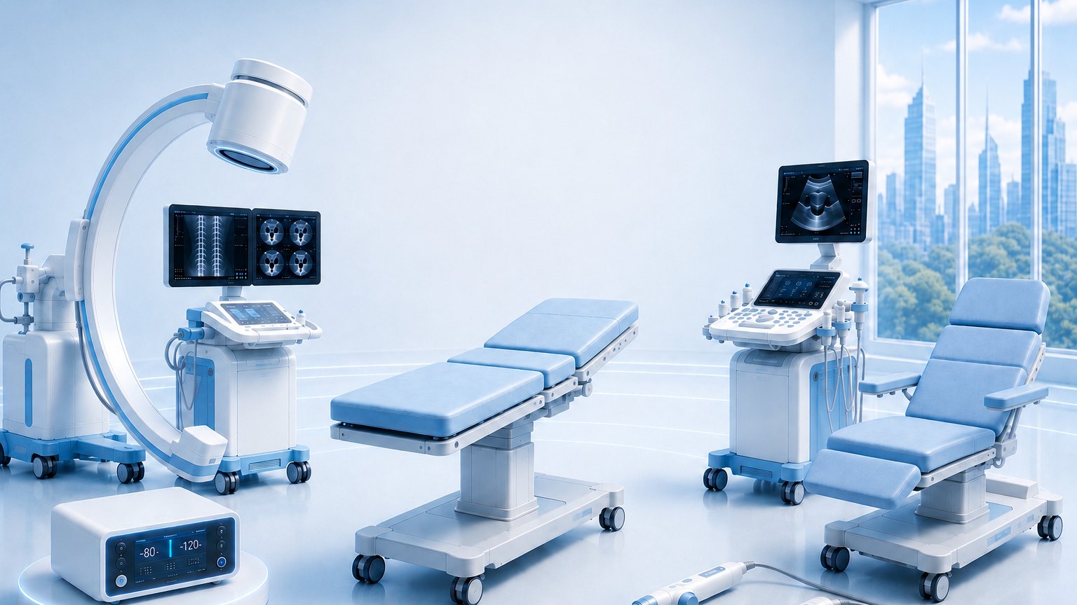 Illusztráció a forgalmazott eszközökről egy világos kezelőhelyiségben: C-karos képalkotó rendszer megjelenítő monitorokkal, műtőasztal, ultrahangos készülék vizsgálóasztallal és kézi kezelőeszközök.